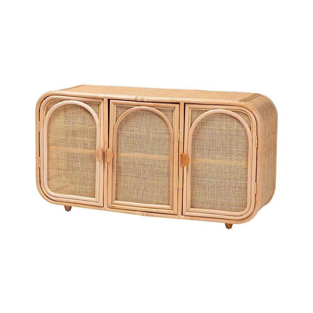 Evania Bohemian Natural Rattan 3-Door Storage Cabinet. Picture 1