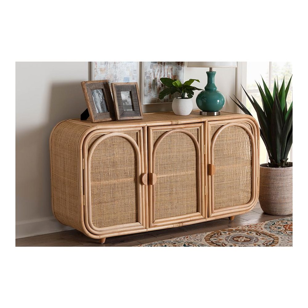 Evania Bohemian Natural Rattan 3-Door Storage Cabinet. Picture 8