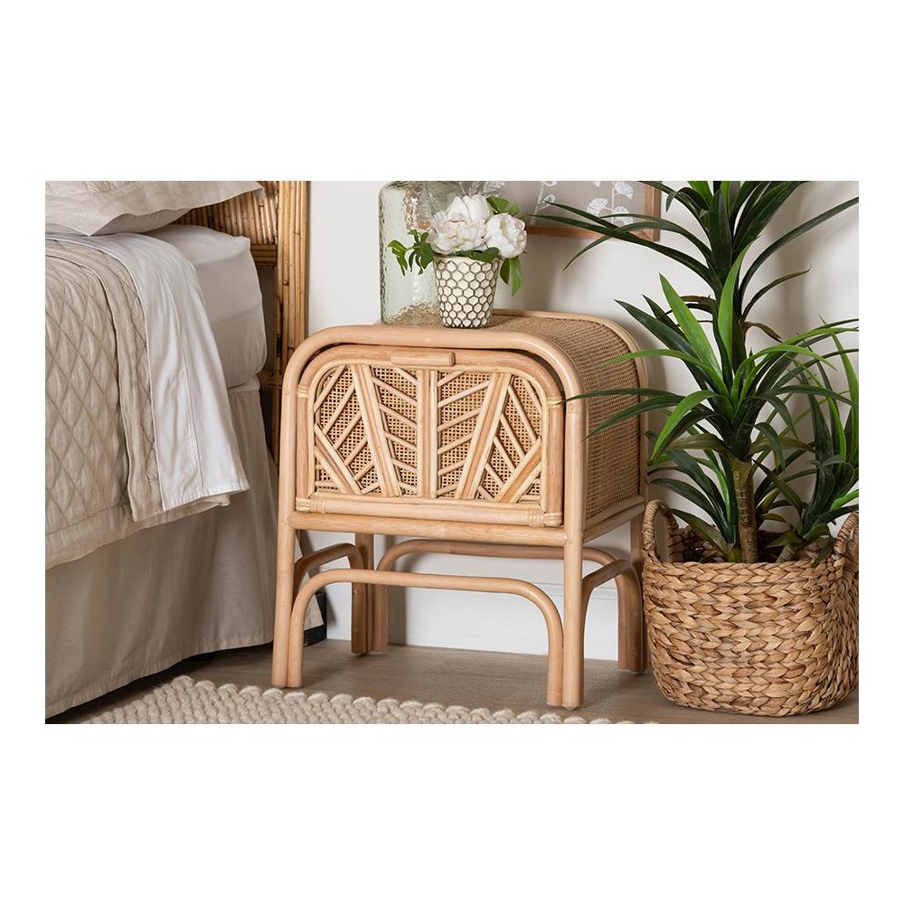 Carabella Bohemian Natural Rattan 1-Drawer Nightstand. Picture 8