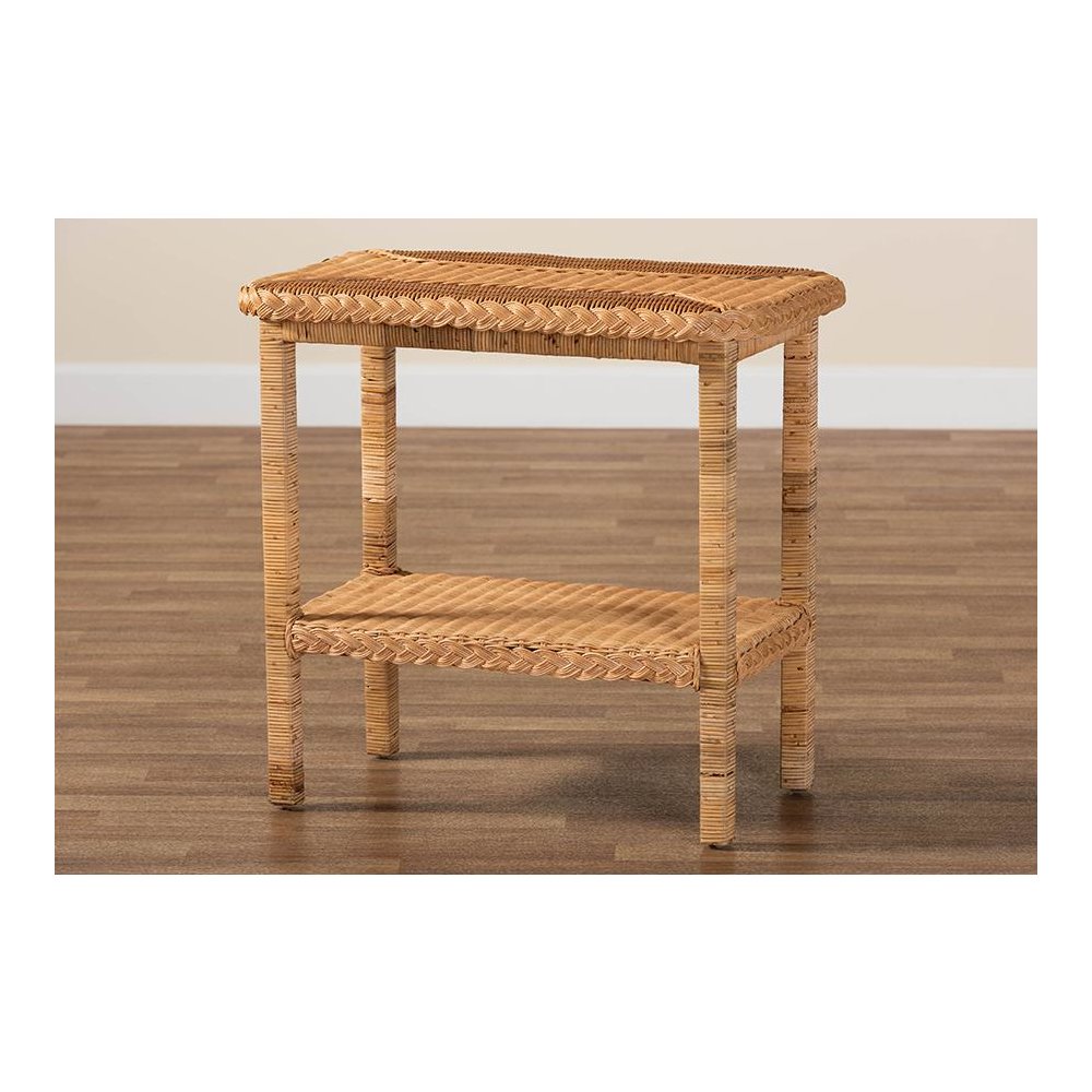 Minahasa Bohemian Light Honey Braided Rattan Side Table. Picture 8
