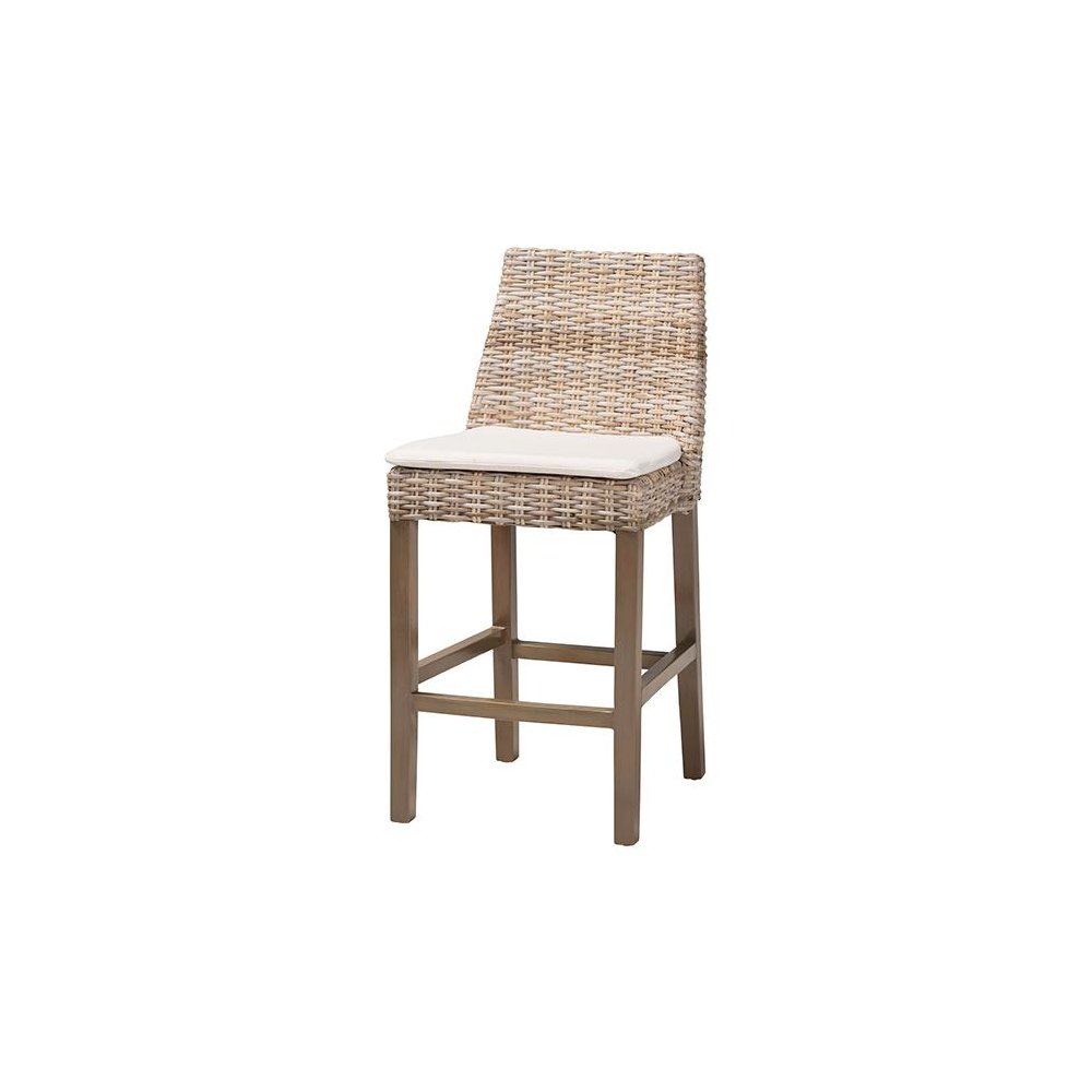 Bohemian Grey Kubu Rattan and Rustic Taupe Finished Mahogany Wood Counter Stool. Picture 1