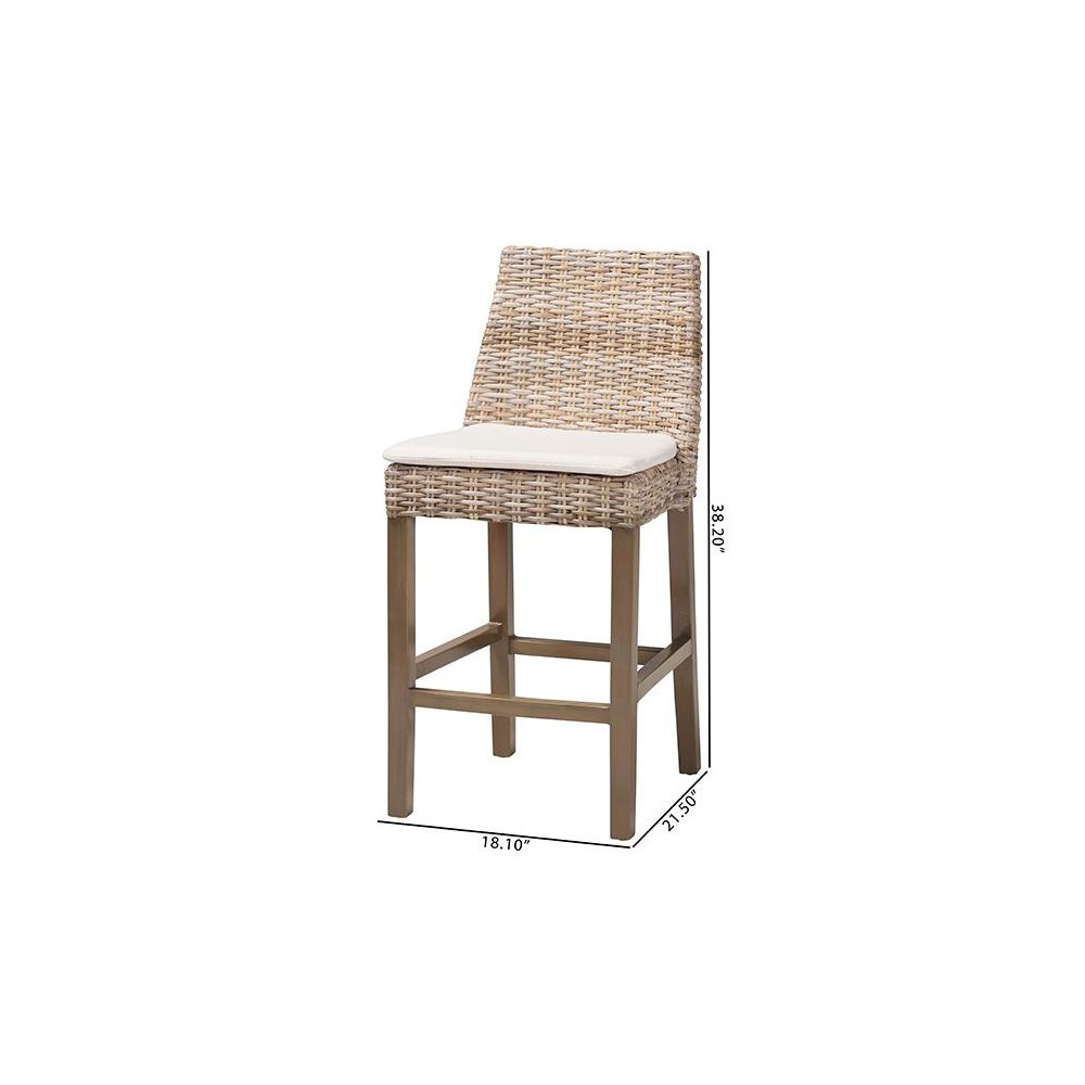 Bohemian Grey Kubu Rattan and Rustic Taupe Finished Mahogany Wood Counter Stool. Picture 10