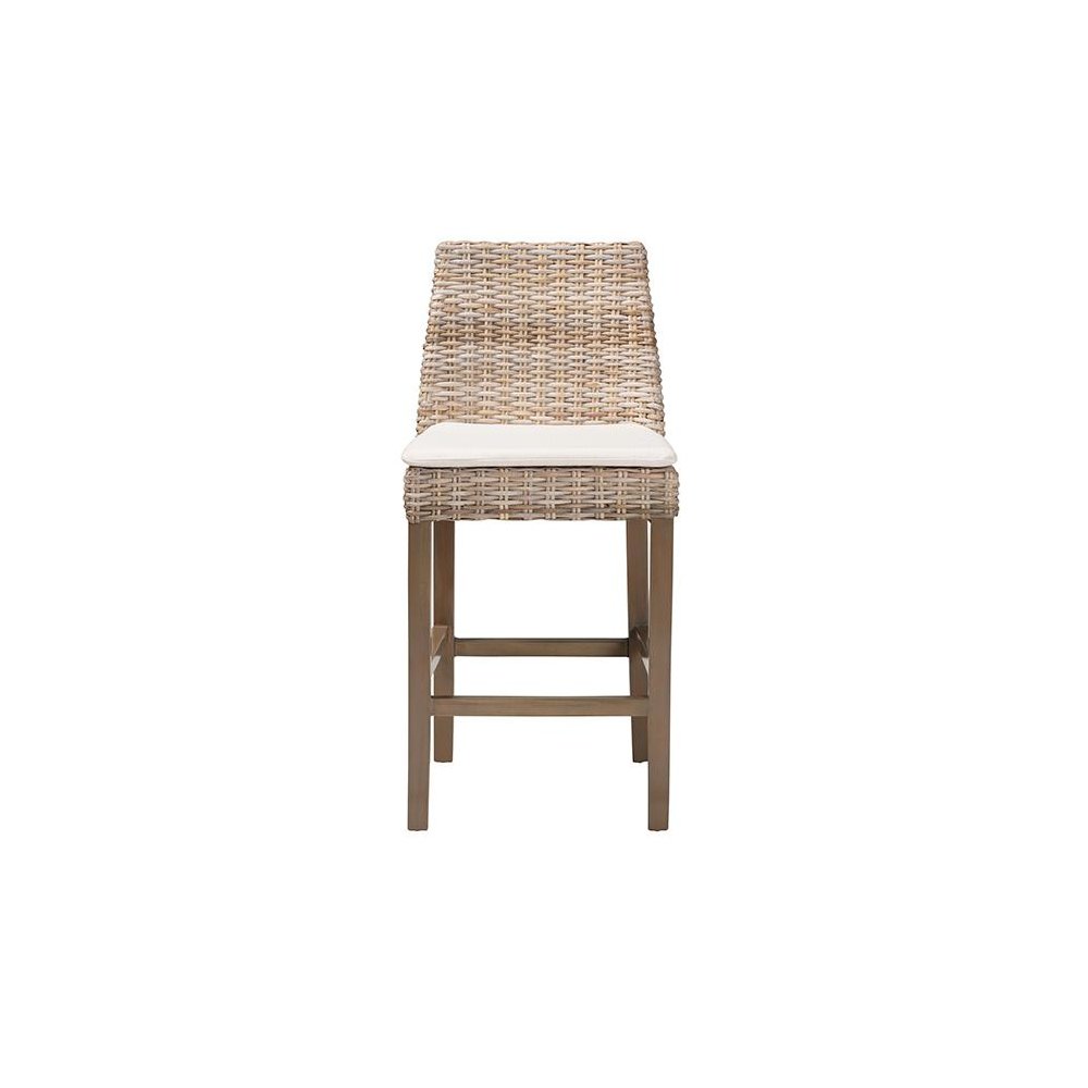 Bohemian Grey Kubu Rattan and Rustic Taupe Finished Mahogany Wood Counter Stool. Picture 2