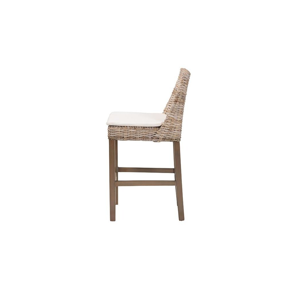 Bohemian Grey Kubu Rattan and Rustic Taupe Finished Mahogany Wood Counter Stool. Picture 3