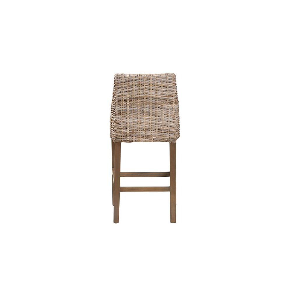 Bohemian Grey Kubu Rattan and Rustic Taupe Finished Mahogany Wood Counter Stool. Picture 4