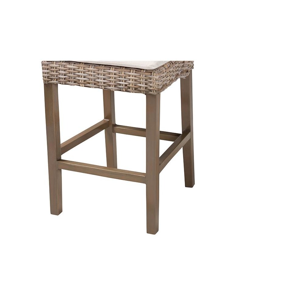 Bohemian Grey Kubu Rattan and Rustic Taupe Finished Mahogany Wood Counter Stool. Picture 6