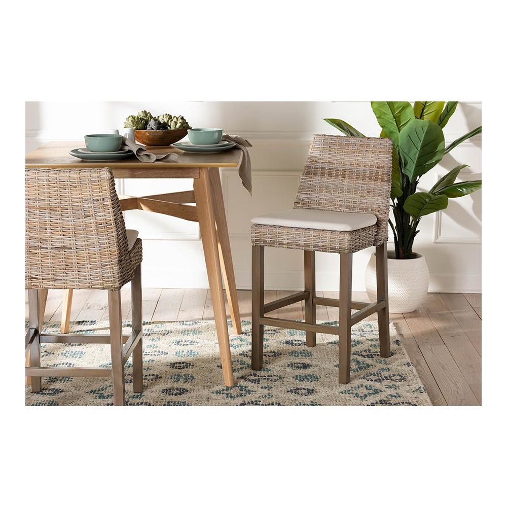Bohemian Grey Kubu Rattan and Rustic Taupe Finished Mahogany Wood Counter Stool. Picture 8