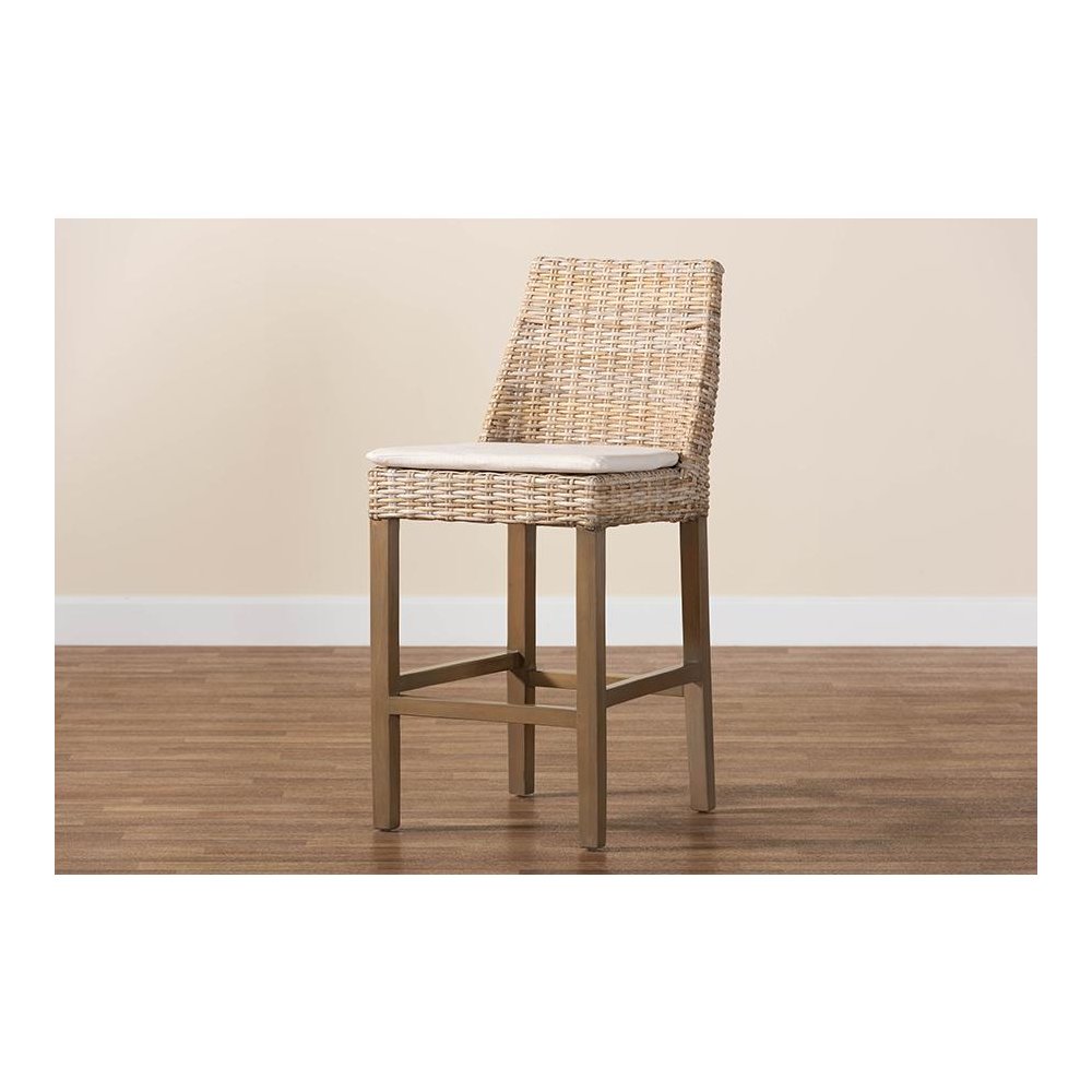 Bohemian Grey Kubu Rattan and Rustic Taupe Finished Mahogany Wood Counter Stool. Picture 9
