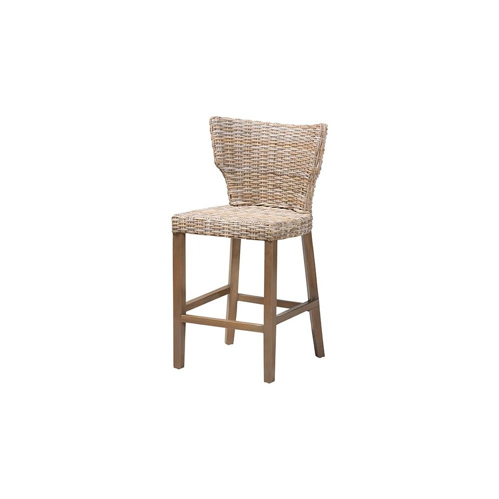 Enver Modern Bohemian Grey Kubu Rattan and Mahogany Wood Counter Stool. Picture 1