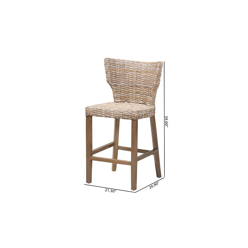 Enver Modern Bohemian Grey Kubu Rattan and Mahogany Wood Counter Stool. Picture 10