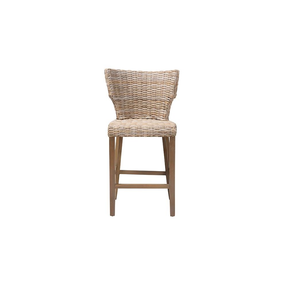 Enver Modern Bohemian Grey Kubu Rattan and Mahogany Wood Counter Stool. Picture 2