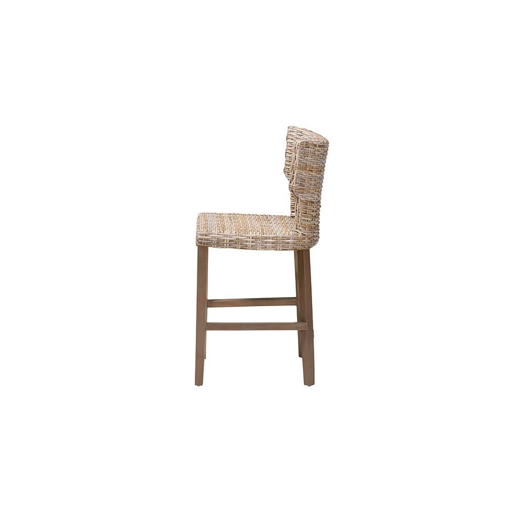 Enver Modern Bohemian Grey Kubu Rattan and Mahogany Wood Counter Stool. Picture 3