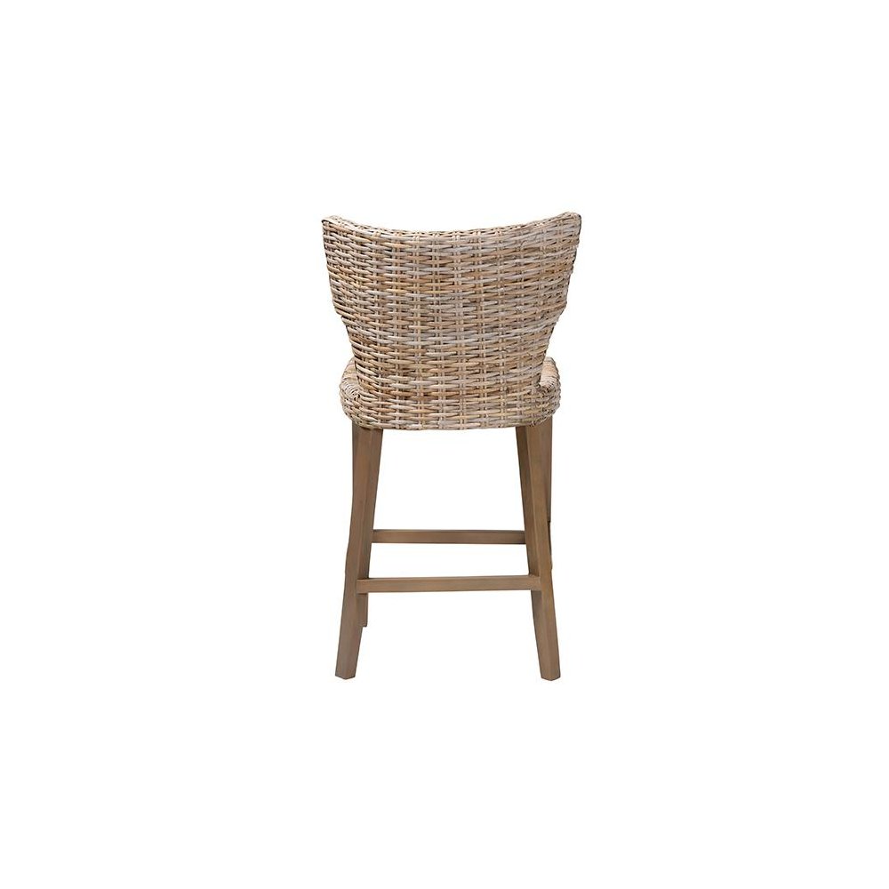 Enver Modern Bohemian Grey Kubu Rattan and Mahogany Wood Counter Stool. Picture 4