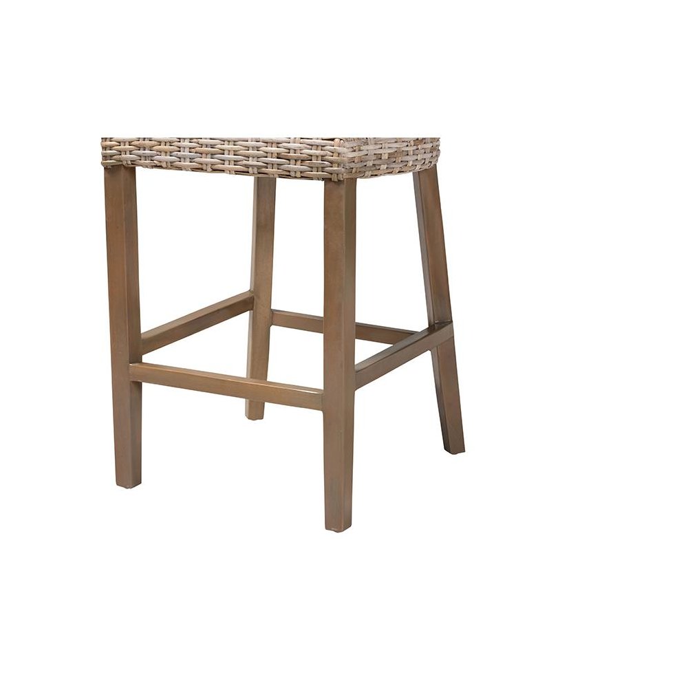 Enver Modern Bohemian Grey Kubu Rattan and Mahogany Wood Counter Stool. Picture 6