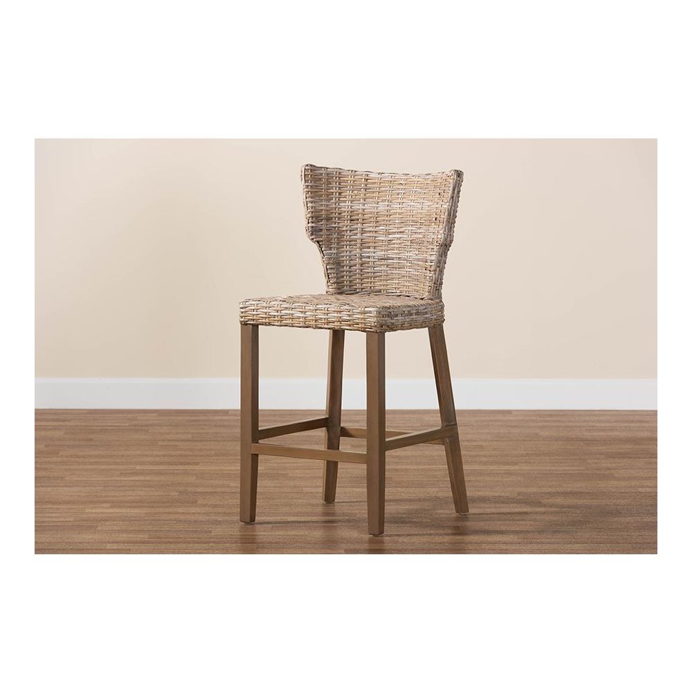 Enver Modern Bohemian Grey Kubu Rattan and Mahogany Wood Counter Stool. Picture 9
