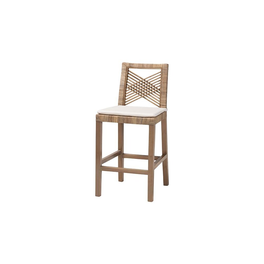 Poltak Modern Bohemian Grey Natural Kubu Rattan and Mahogany Wood Counter Stool. Picture 1