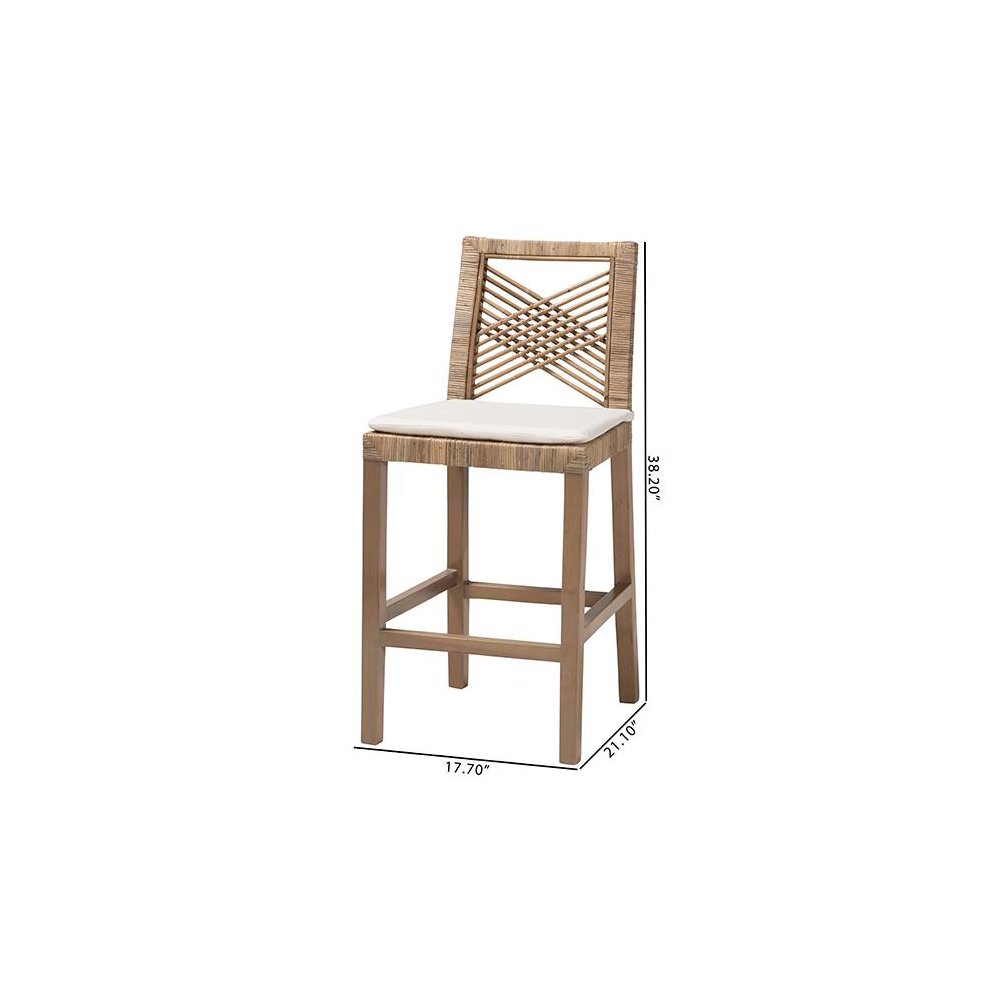 Poltak Modern Bohemian Grey Natural Kubu Rattan and Mahogany Wood Counter Stool. Picture 10