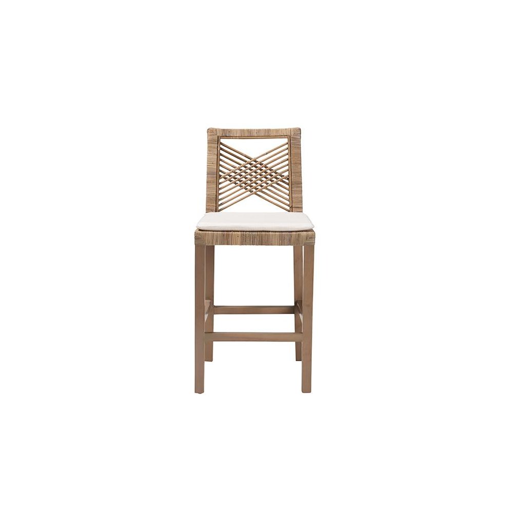 Poltak Modern Bohemian Grey Natural Kubu Rattan and Mahogany Wood Counter Stool. Picture 2