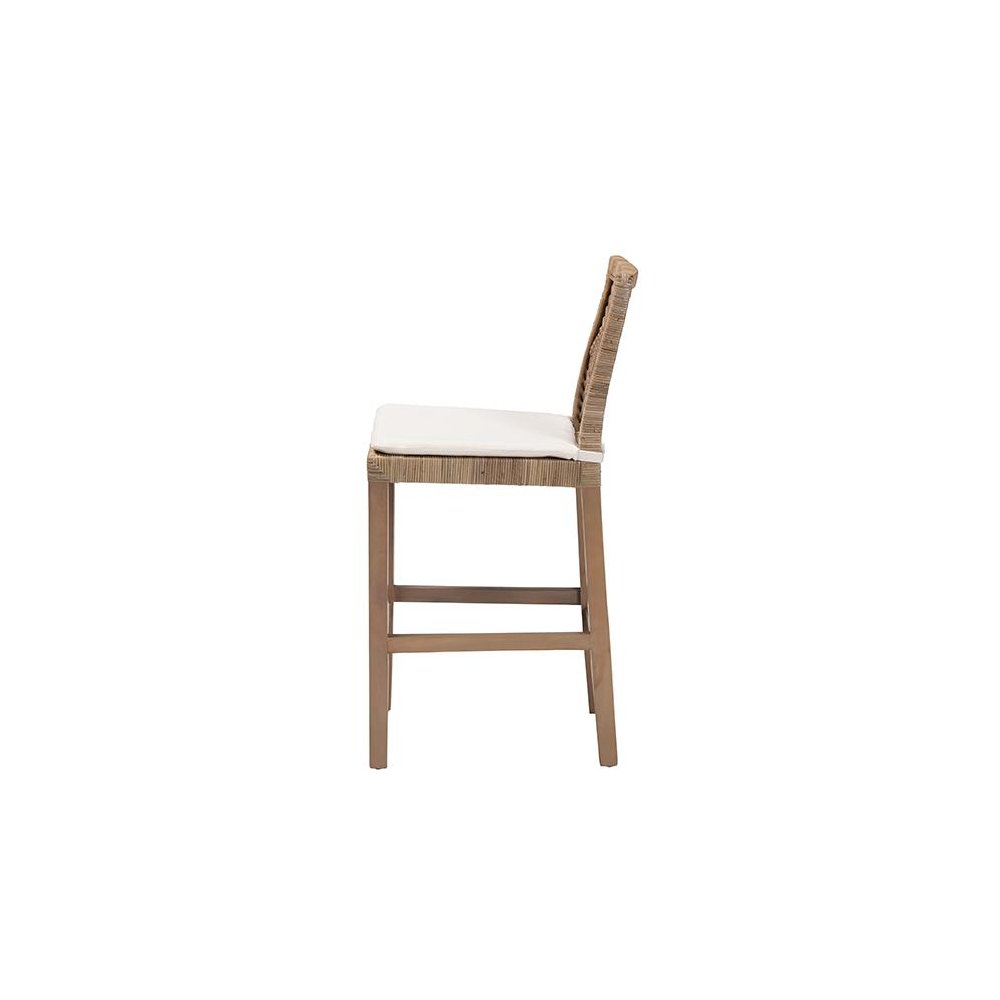 Poltak Modern Bohemian Grey Natural Kubu Rattan and Mahogany Wood Counter Stool. Picture 3