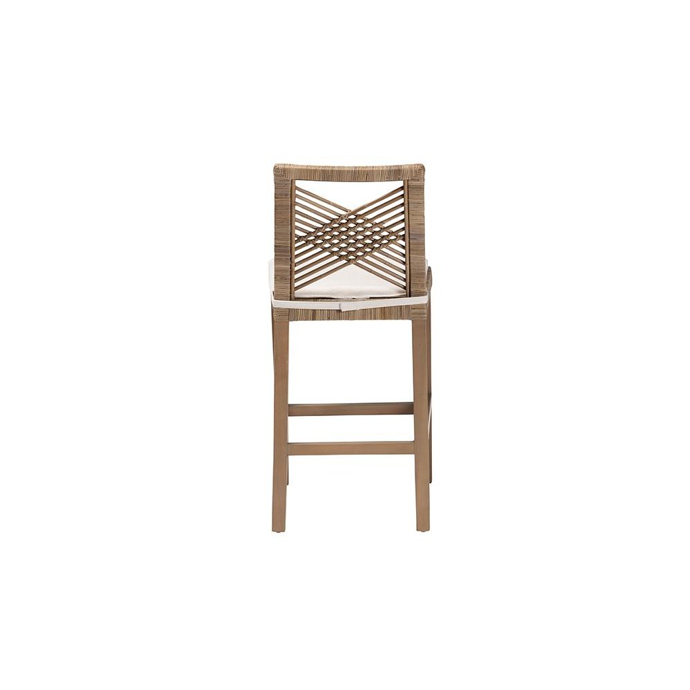 Poltak Modern Bohemian Grey Natural Kubu Rattan and Mahogany Wood Counter Stool. Picture 4