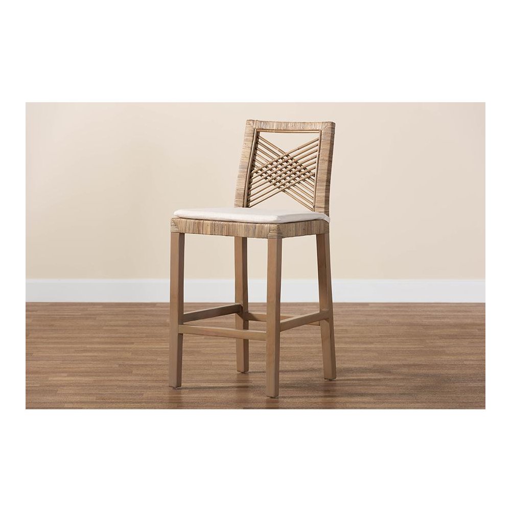 Poltak Modern Bohemian Grey Natural Kubu Rattan and Mahogany Wood Counter Stool. Picture 9