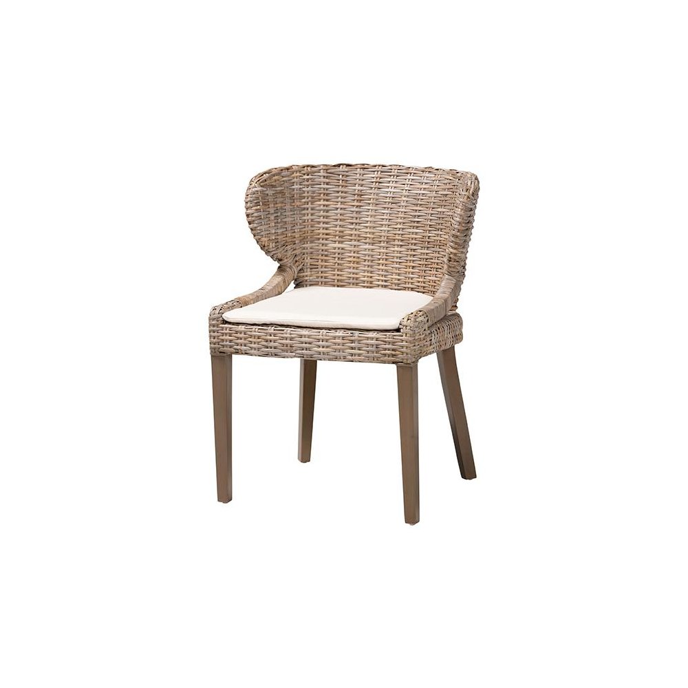 Niesha Bohemian Grey Natural Kubu Rattan and Mahogany Wood Dining Chair. Picture 1