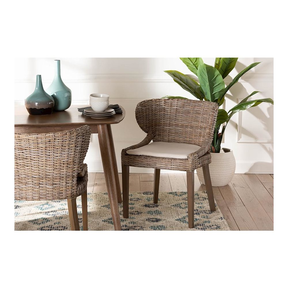 Niesha Bohemian Grey Natural Kubu Rattan and Mahogany Wood Dining Chair. Picture 8