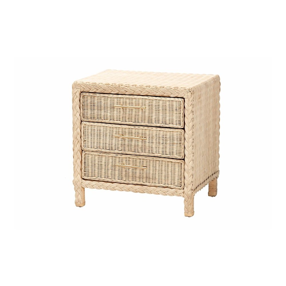 Lanica Japandi Sun Bleached Rattan 3-Drawer Nightstand. Picture 1