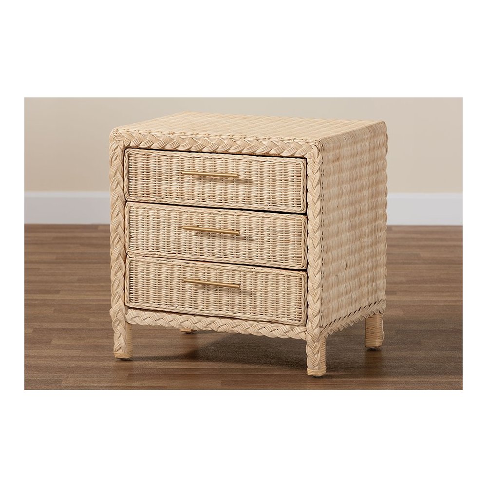 Lanica Japandi Sun Bleached Rattan 3-Drawer Nightstand. Picture 10