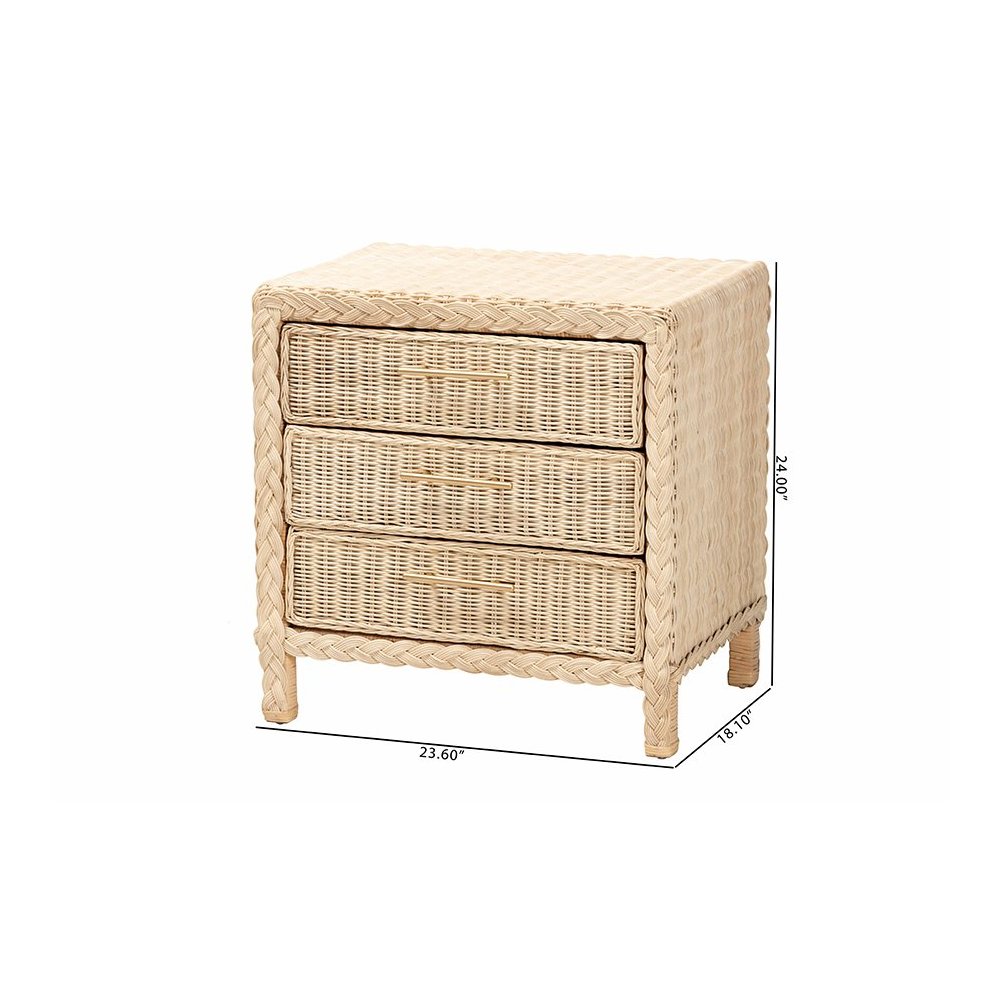Lanica Japandi Sun Bleached Rattan 3-Drawer Nightstand. Picture 11