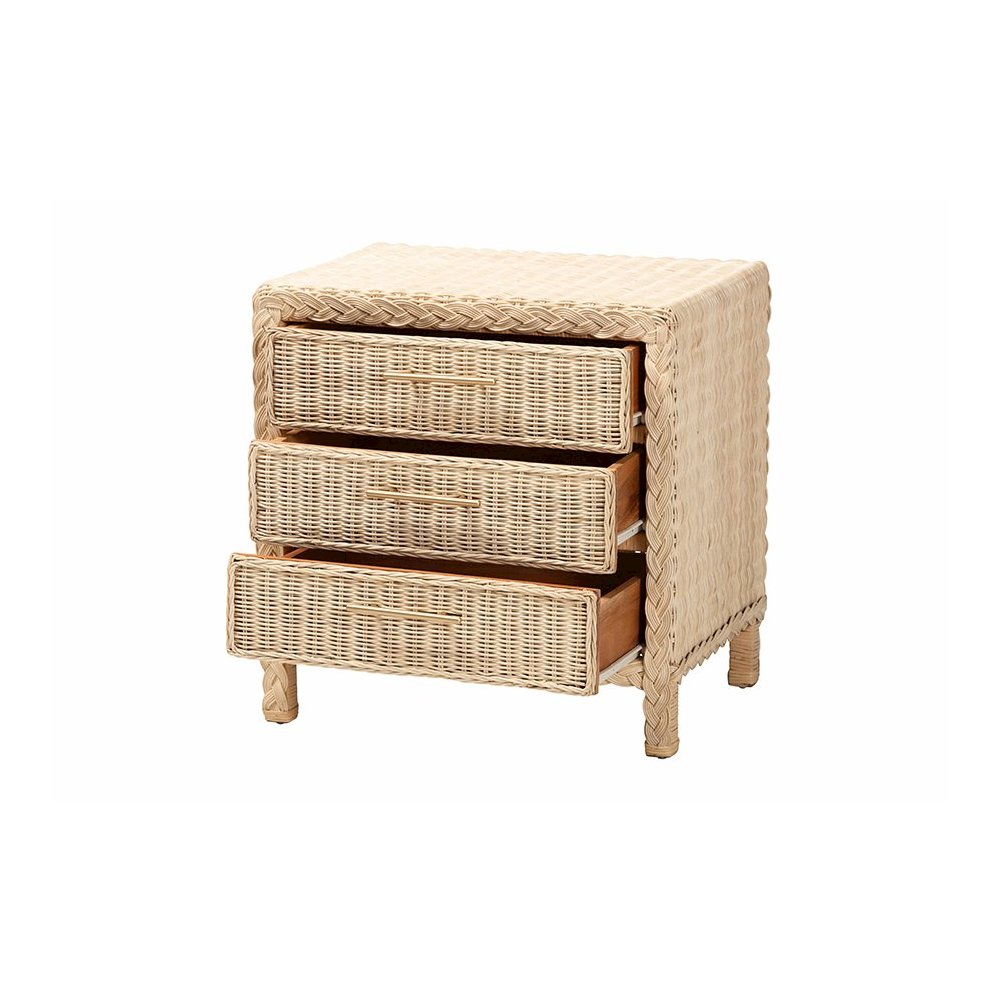 Lanica Japandi Sun Bleached Rattan 3-Drawer Nightstand. Picture 2