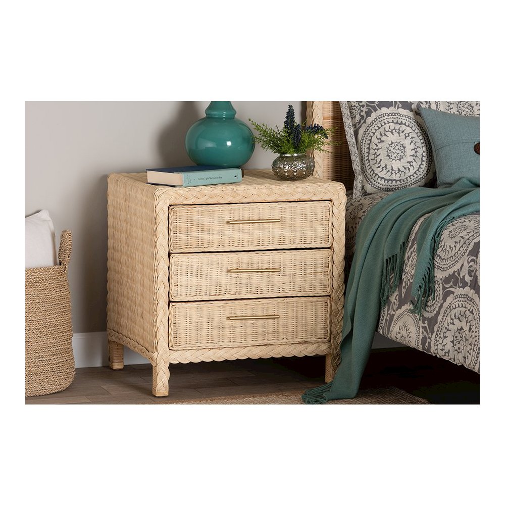 Lanica Japandi Sun Bleached Rattan 3-Drawer Nightstand. Picture 9
