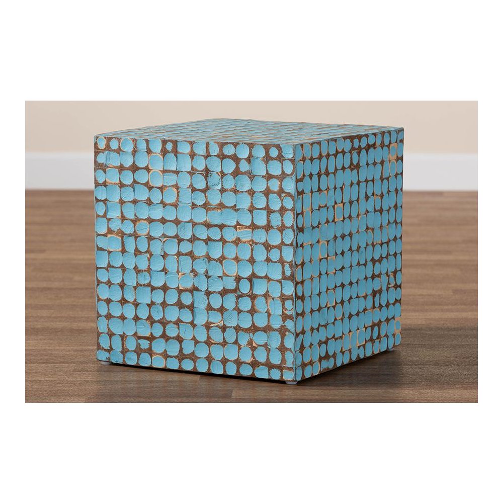 Janella Bohemian Sky Blue Coconut Shell and Acacia Wood End Table. Picture 7