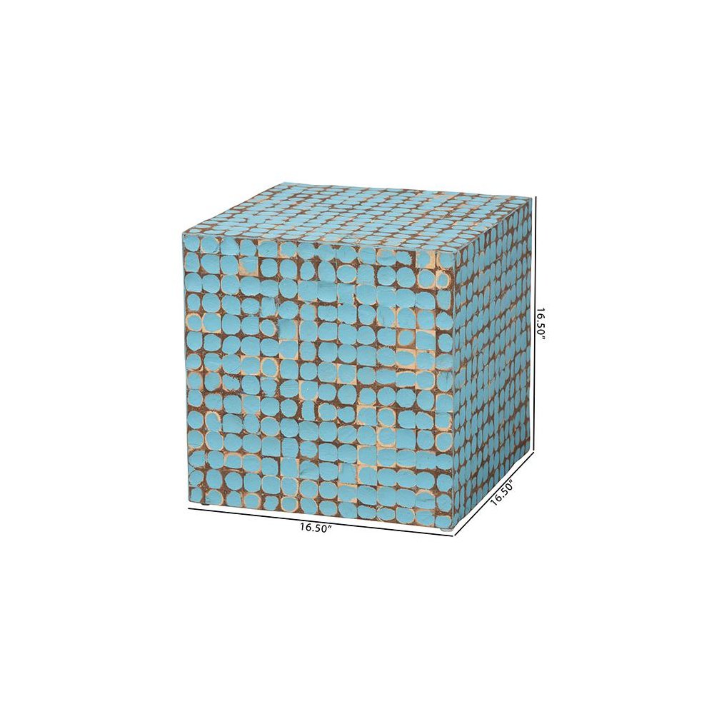 Janella Bohemian Sky Blue Coconut Shell and Acacia Wood End Table. Picture 8