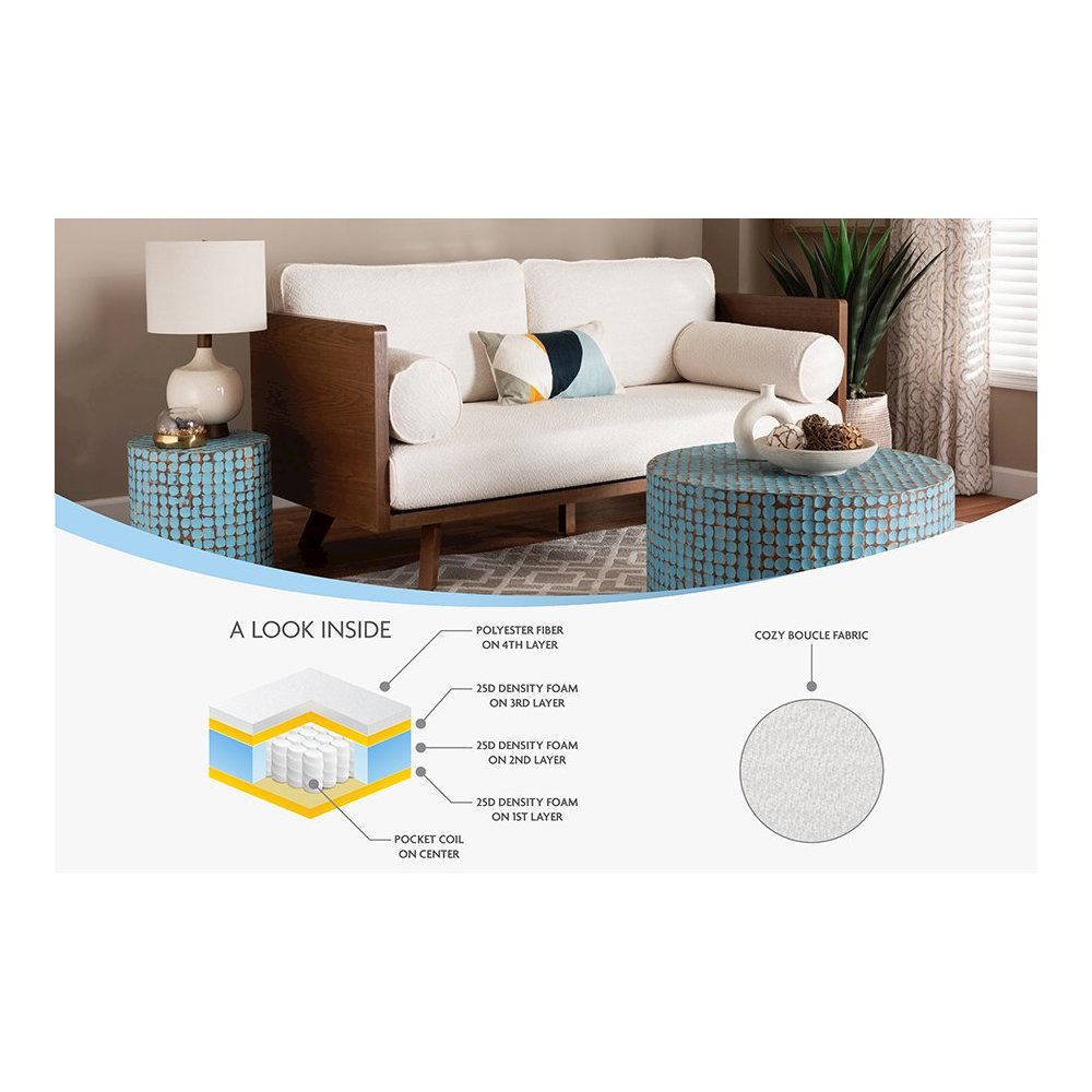 Uriel Mid-Century Modern Cream Boucle Fabric Sofa. Picture 9