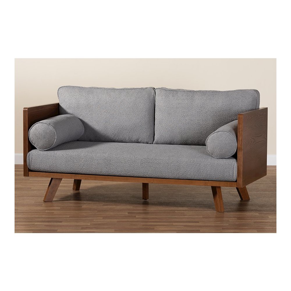 Uriel Mid-Century Modern Grey Boucle Fabric Sofa. Picture 10