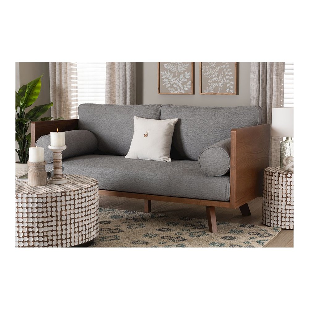 Uriel Mid-Century Modern Grey Boucle Fabric Sofa. Picture 8