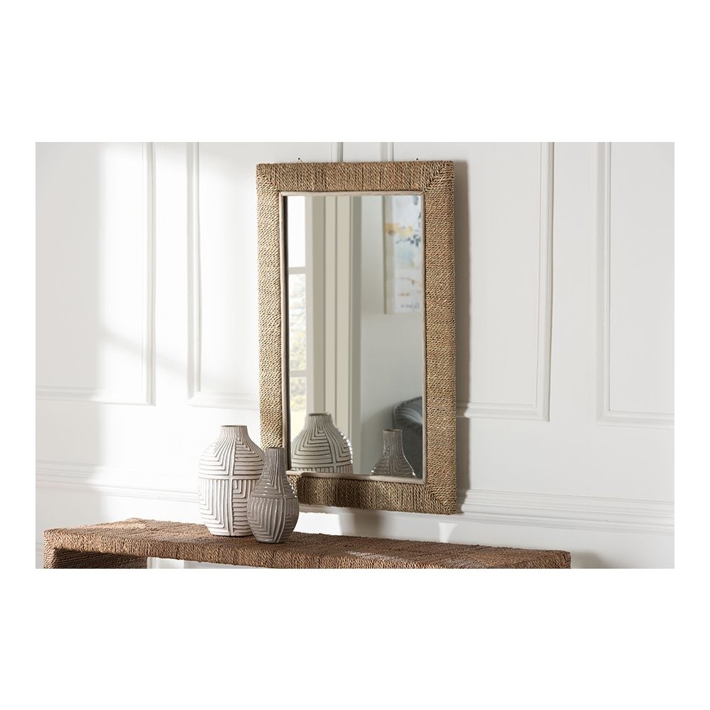 Geralyn Japandi Natural Seagrass Rectangular Wall Mirror. Picture 3