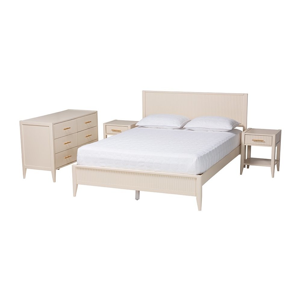 Primrose Mid-Century Ivory Fluted Wood Queen Size 4-Piece Bedroom Set. Picture 1