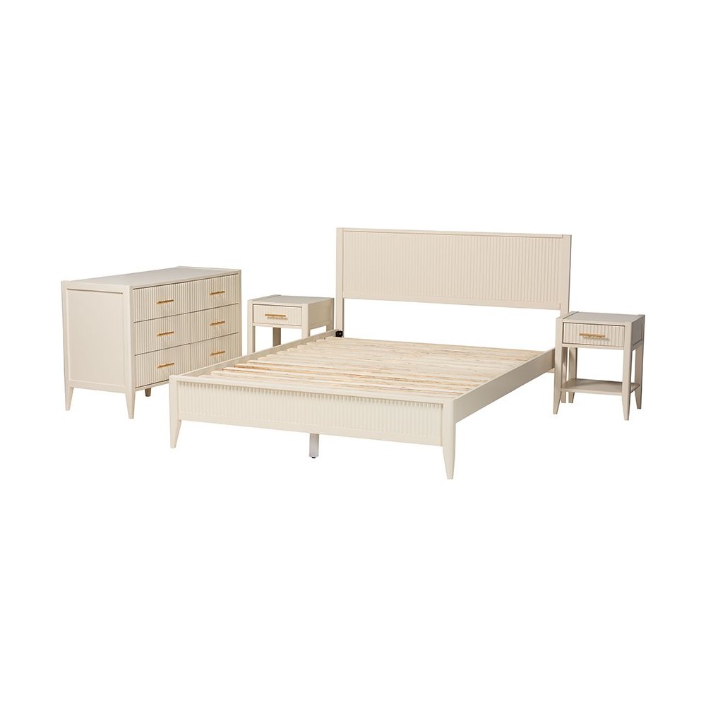 Primrose Mid-Century Ivory Fluted Wood Queen Size 4-Piece Bedroom Set. Picture 2
