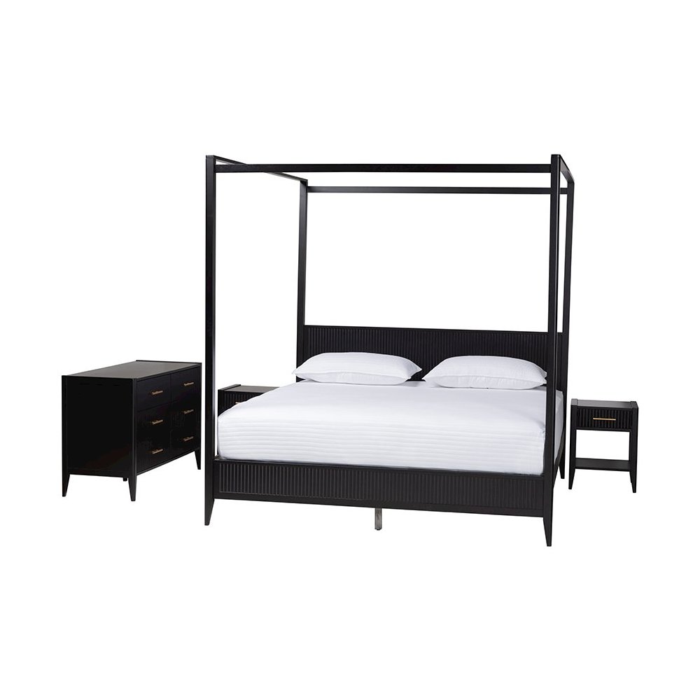 Primrose Mid-Century Black Fluted Wood King Size 4-Piece Canopy Bedroom Set. Picture 1