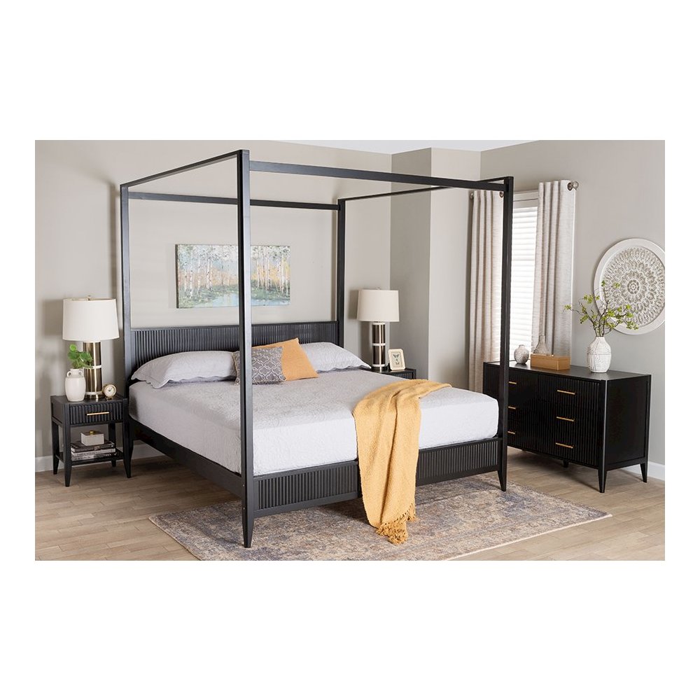 Primrose Mid-Century Black Fluted Wood King Size 4-Piece Canopy Bedroom Set. Picture 21