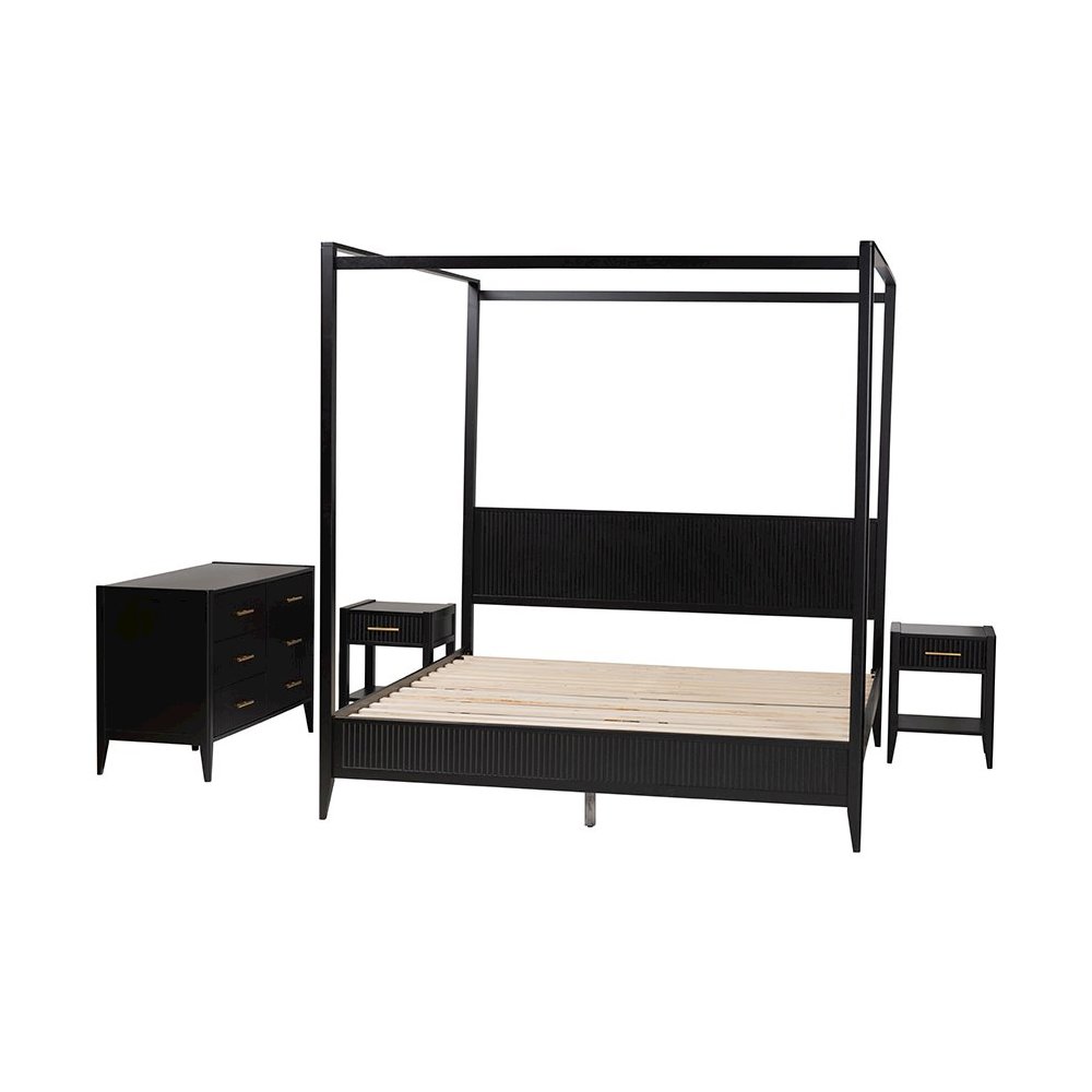 Primrose Mid-Century Black Fluted Wood King Size 4-Piece Canopy Bedroom Set. Picture 2