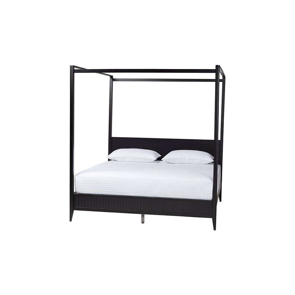 Primrose Mid-Century Black Fluted Wood King Size 4-Piece Canopy Bedroom Set. Picture 3