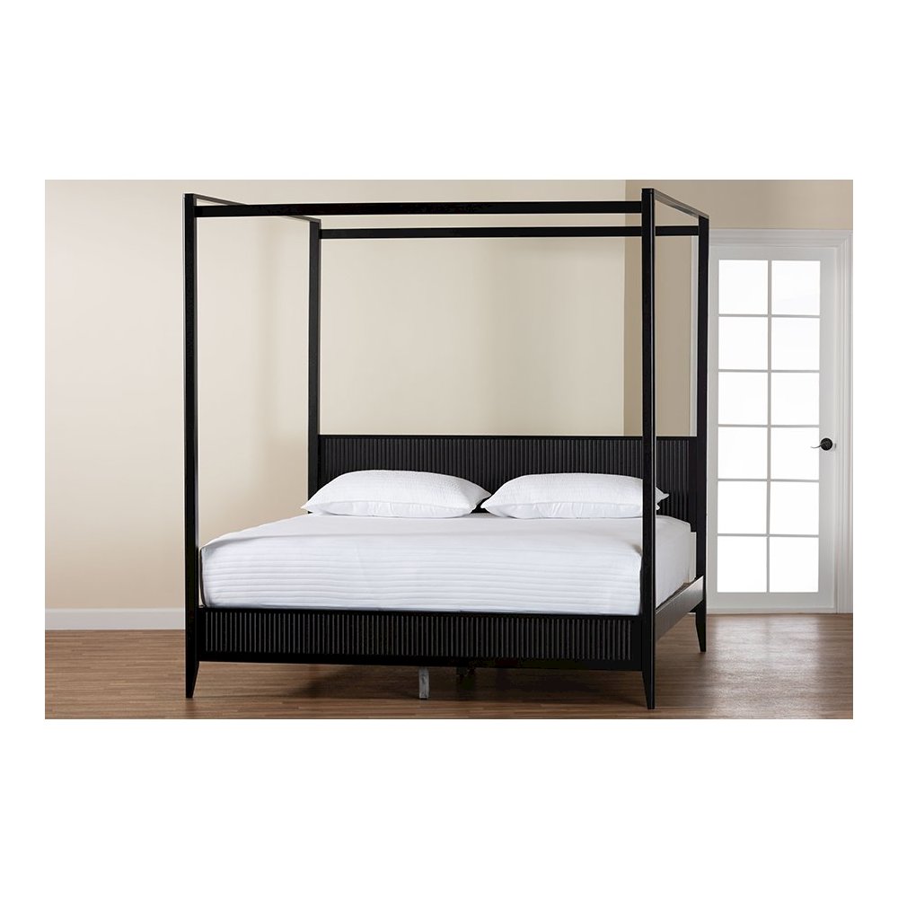 Primrose Mid-Century Black Fluted Wood King Size Canopy Bed. Picture 8