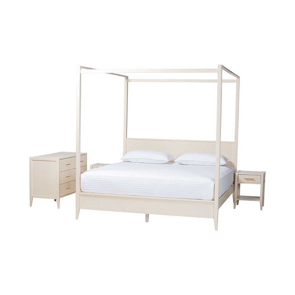 Primrose Mid-Century Ivory Fluted Wood King Size 4-Piece Canopy Bedroom Set. Picture 1