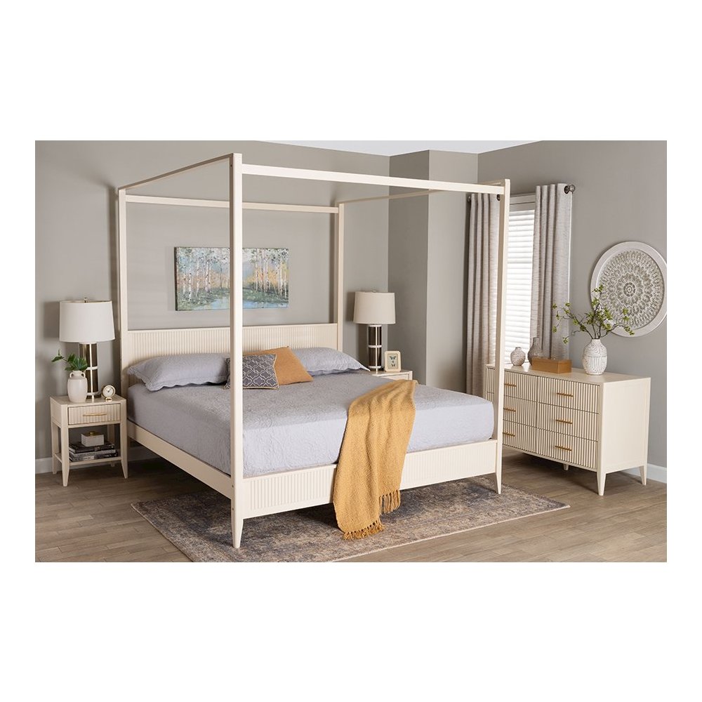 Primrose Mid-Century Ivory Fluted Wood King Size 4-Piece Canopy Bedroom Set. Picture 21