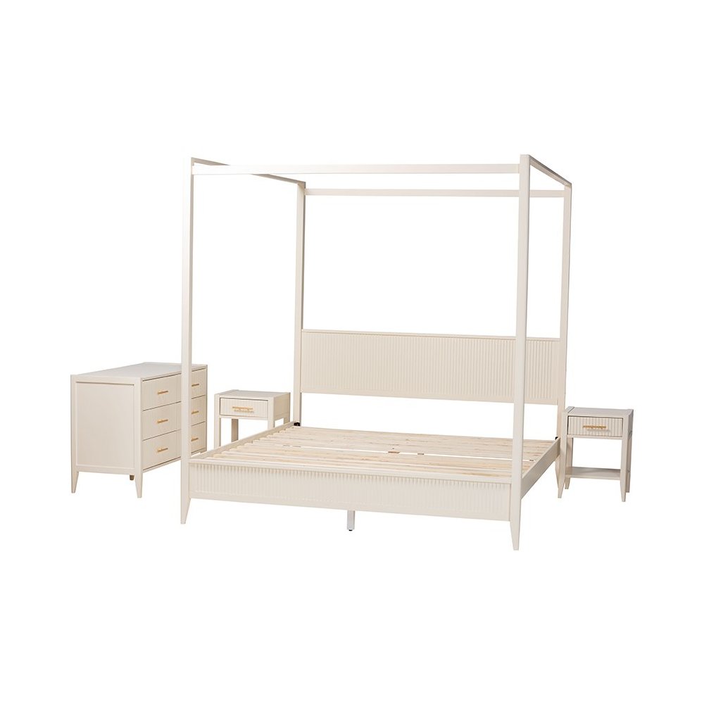 Primrose Mid-Century Ivory Fluted Wood King Size 4-Piece Canopy Bedroom Set. Picture 2