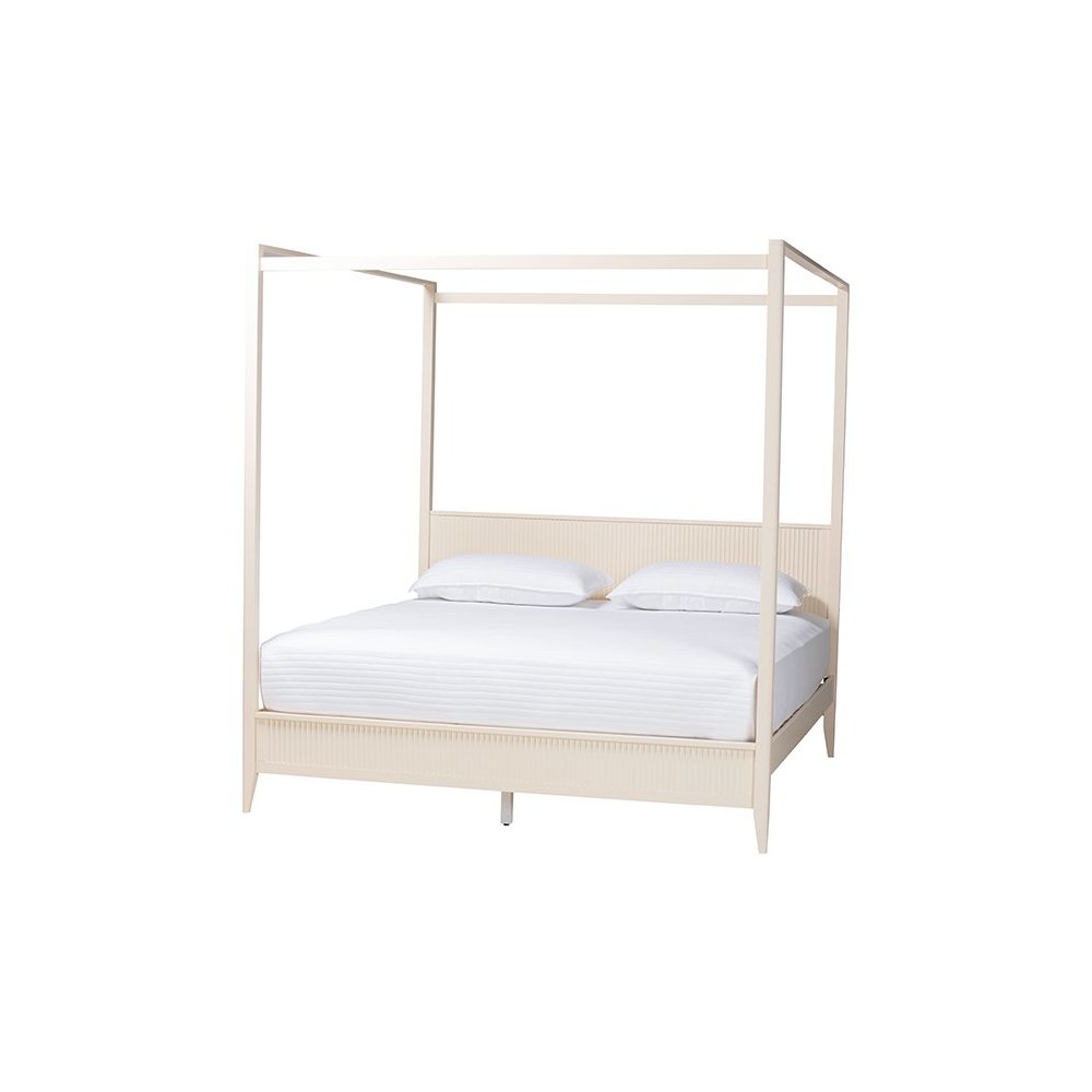 Primrose Mid-Century Ivory Fluted Wood King Size 4-Piece Canopy Bedroom Set. Picture 3