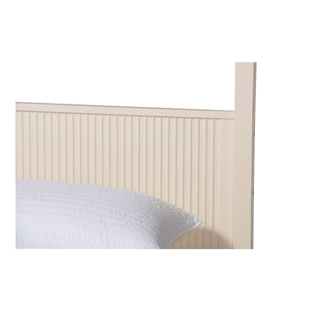 Primrose Mid-Century Ivory Fluted Wood King Size 4-Piece Canopy Bedroom Set. Picture 8